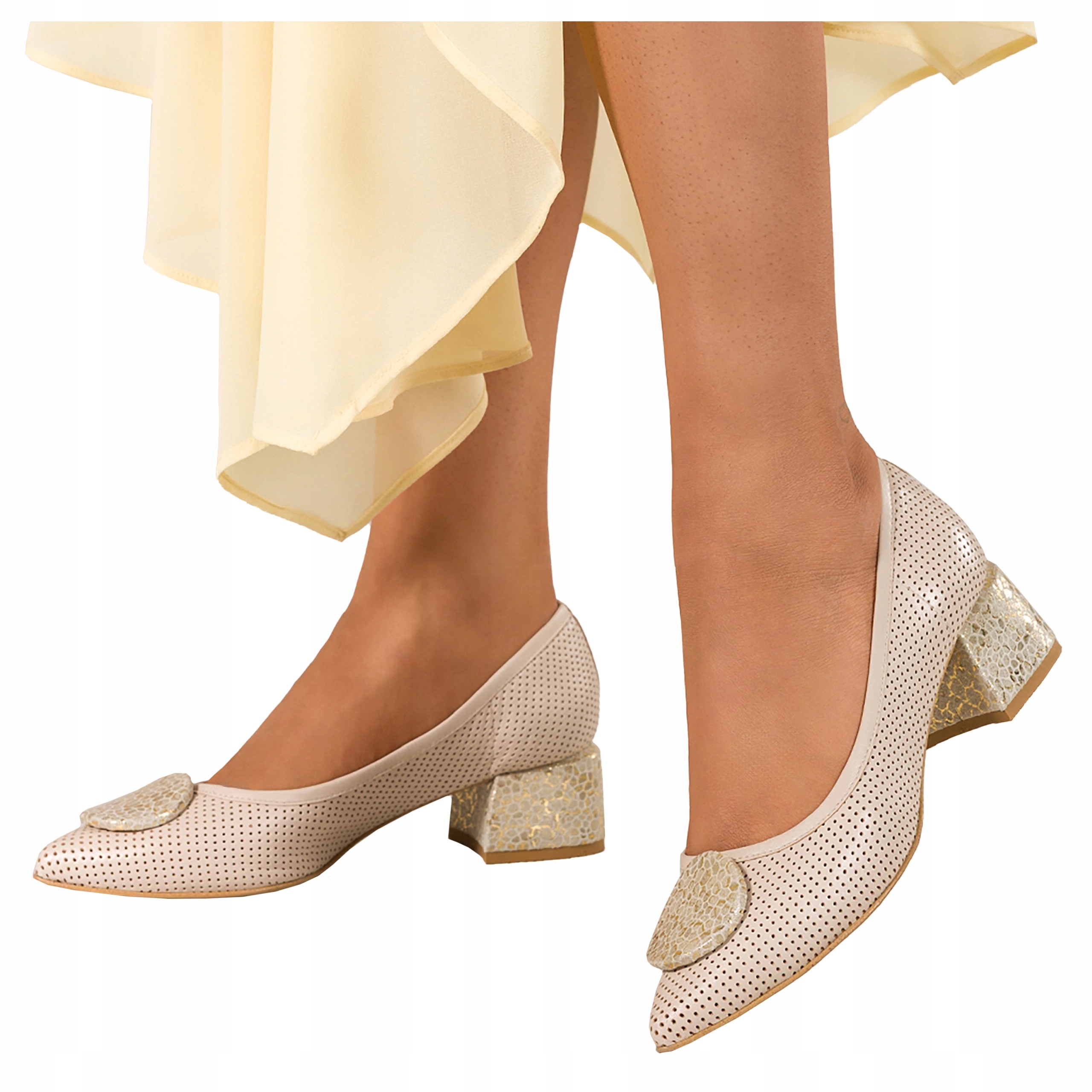 Czółenka Damskie Beżowe Skórzane Produkt Polski Ażurowe Modne r 41