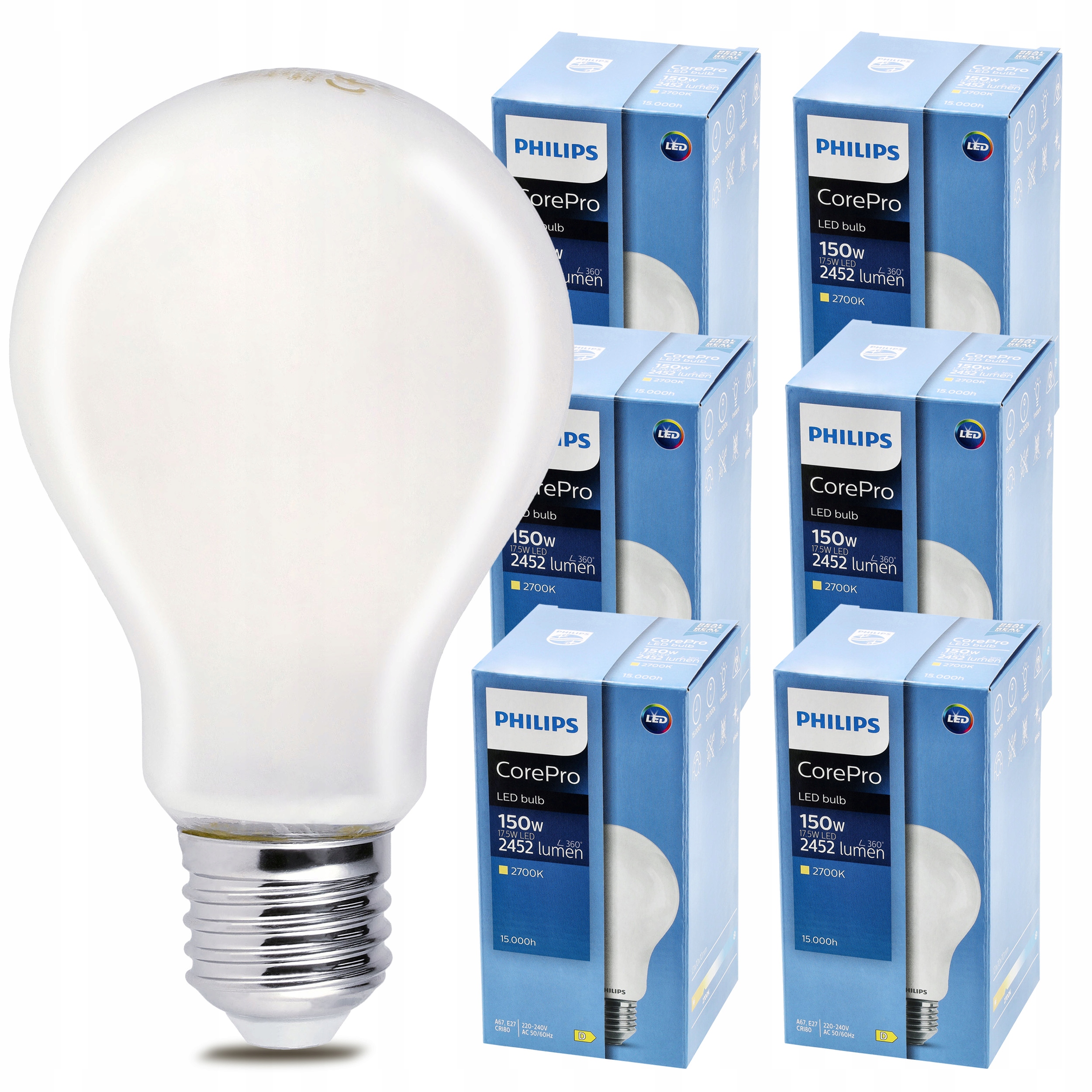 6x Led žiarovka E27 Philips 17,5W 150W 2452lm Teplá farba 2700k Premium