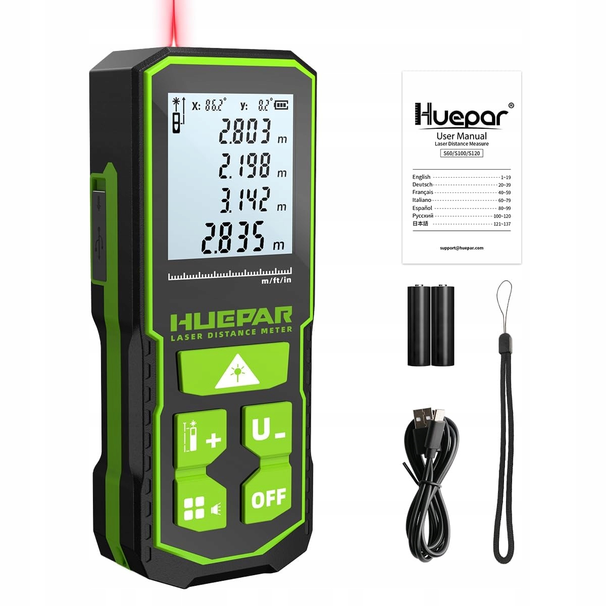 HUEPAR Dalmierz Laserowy 60M Akumulator Kątowy Wyświetlacz — miniatura 2
