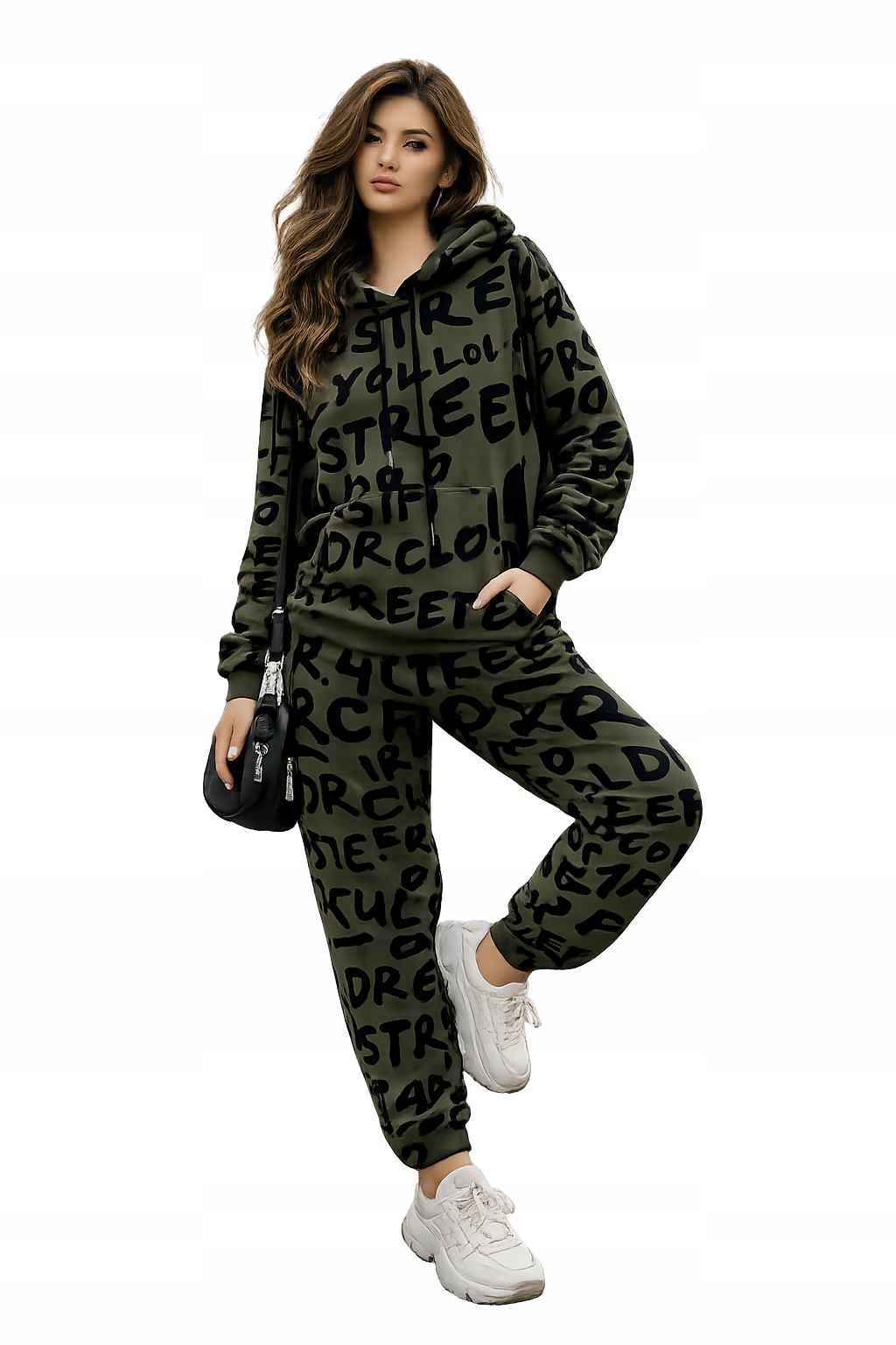 0013 Komplet Dresowy Oversize Street Bluza Spodnie Welur Khaki