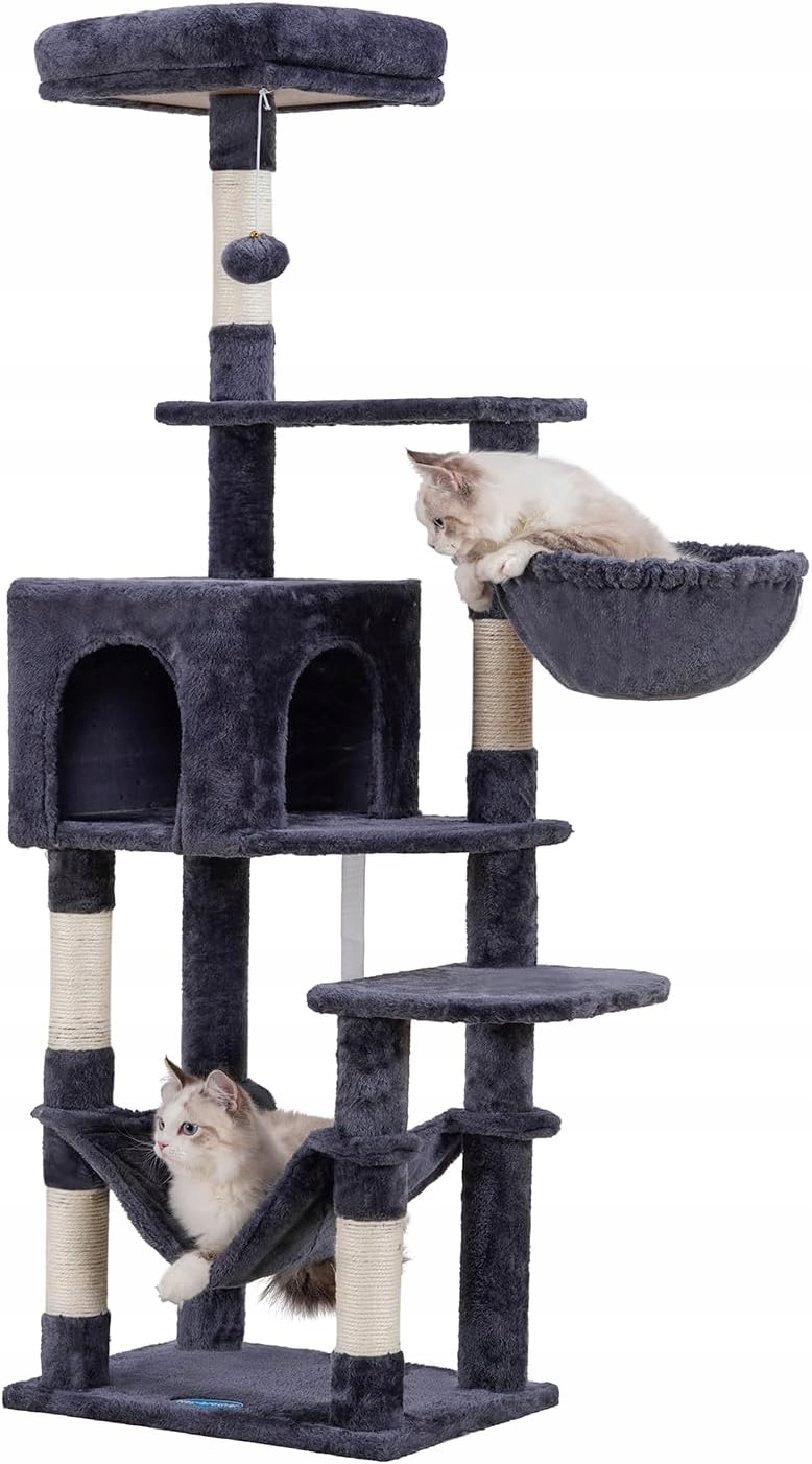 Škrabadlo Pro Kočky XXL 154 CM 7 Úrovní Stabilní Měkký Plyš Houpací Síť Dark Grey