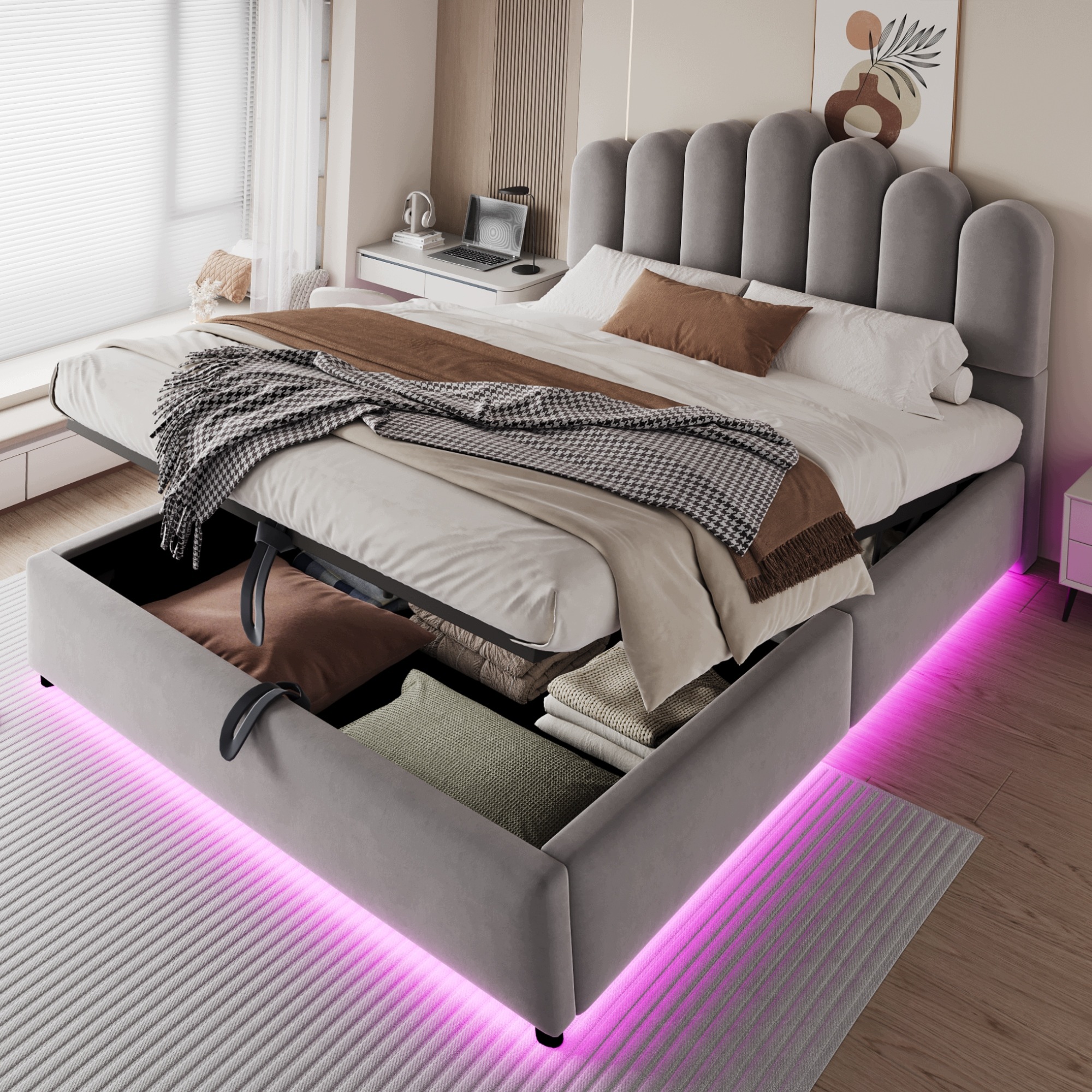 Łóżko Tapicerowane 140x200 Led Pojemnik Hydrauliczny Welur Szare