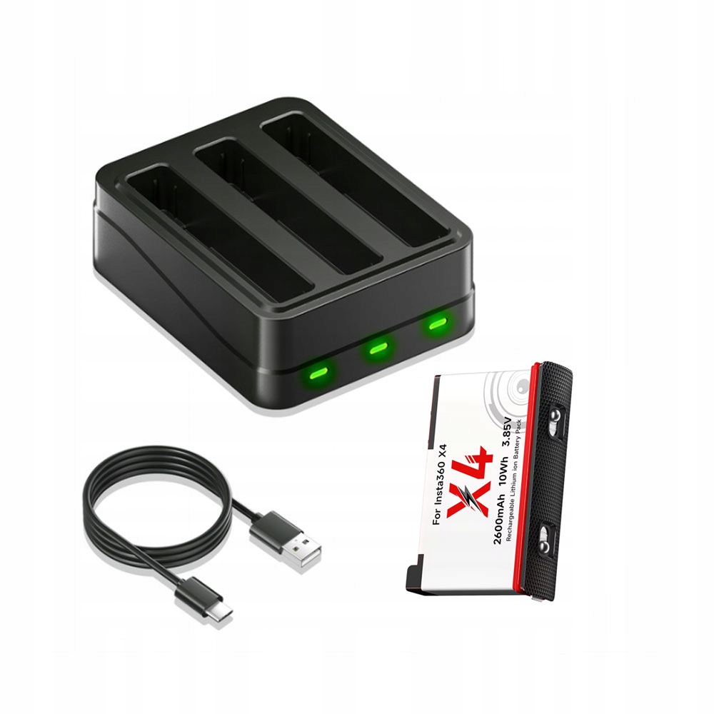 1 ks Baterie 2600mAh pro akční kameru Insta360 X4 Rychlonabíječka se 3 sloty a Led indikací
