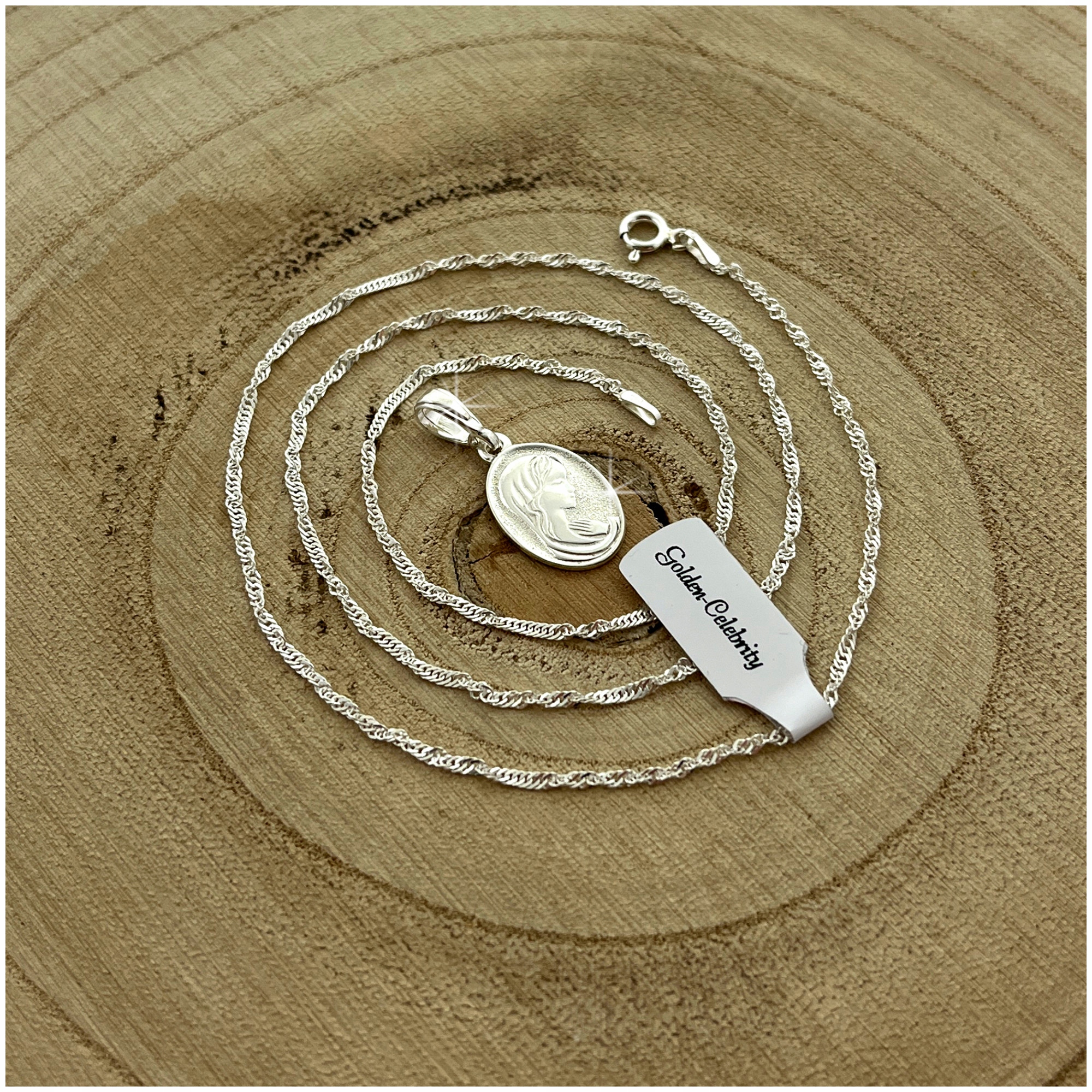 SREBRNY ŁAŃCUSZEK + MEDALIK MATKA BOSKA 925 PREZENT KOMUNIA CHRZEST GRAWER Marka Golden Celebrity