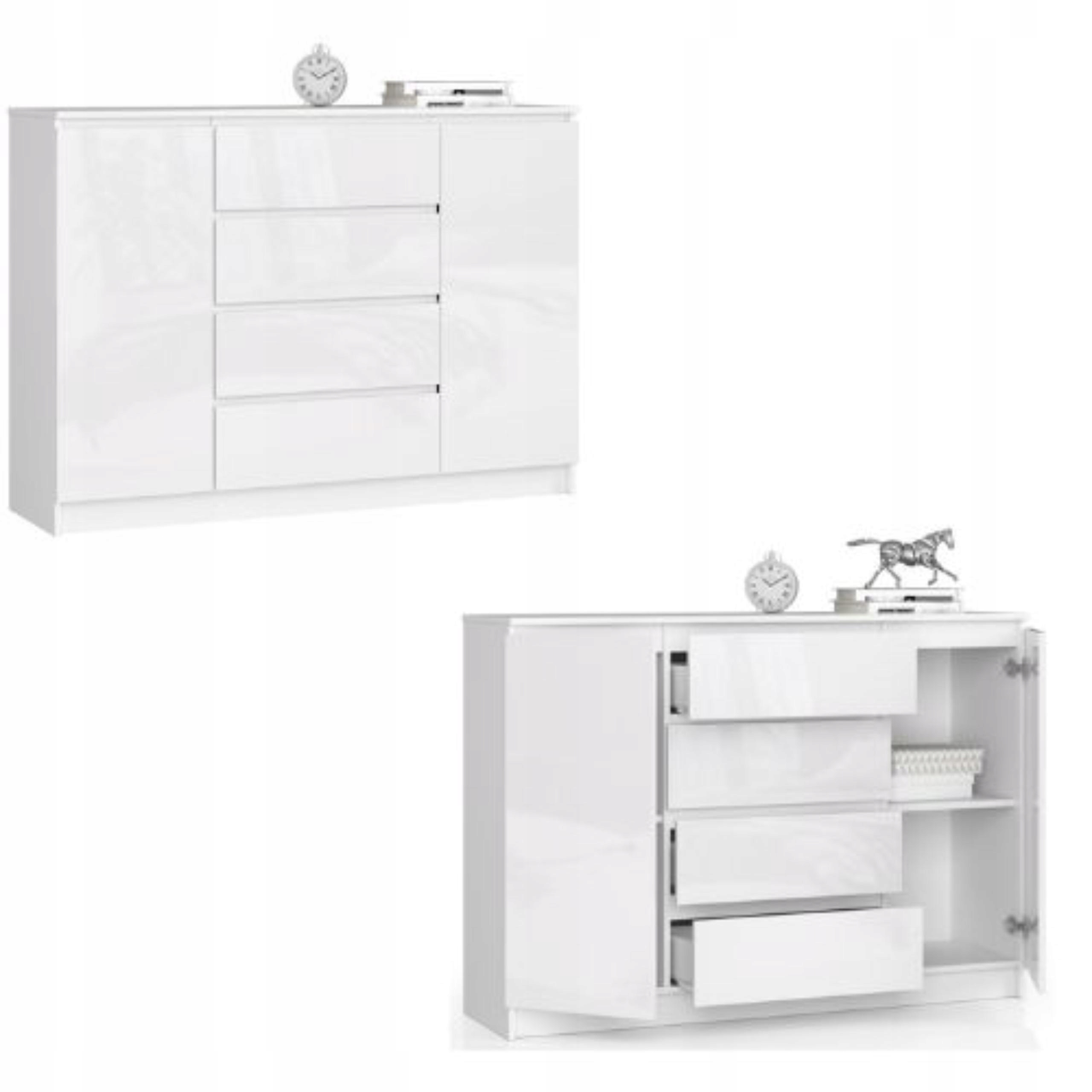 Komoda, skrinka na dvere K140 2, 4 zásuvky, biely lesk Akd