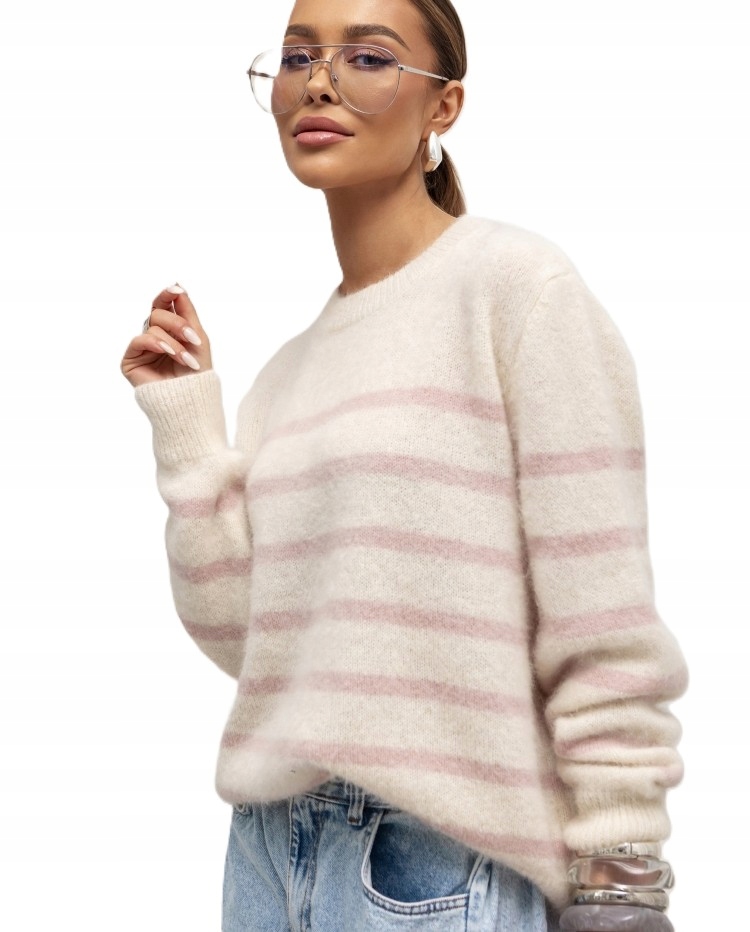 Cocomore Yarn Svetr s proužky Alpaka Suri Vlna Bílá Ecru Růžová Novinka