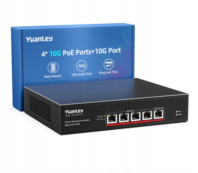 Přepínač YuanLey 5-portový 10G PoE, nespravovaný, se 4 porty PoE