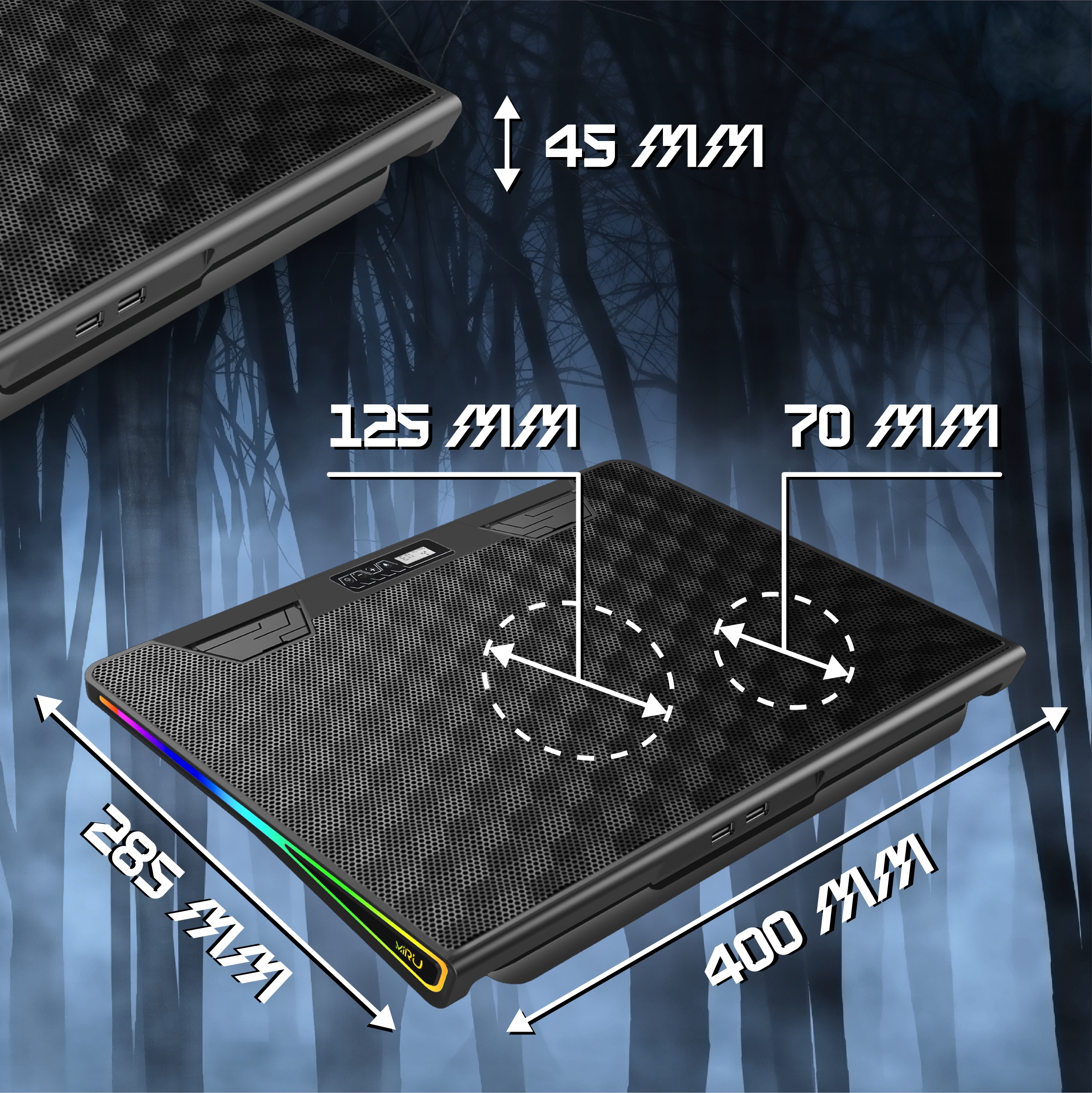 PODSTAWKA PODKŁADKA CHŁODZĄCA POD LAPTOPA 12-17'' REGULOWANA RGB LED, Z USB Kąt nachylenia 10-40°