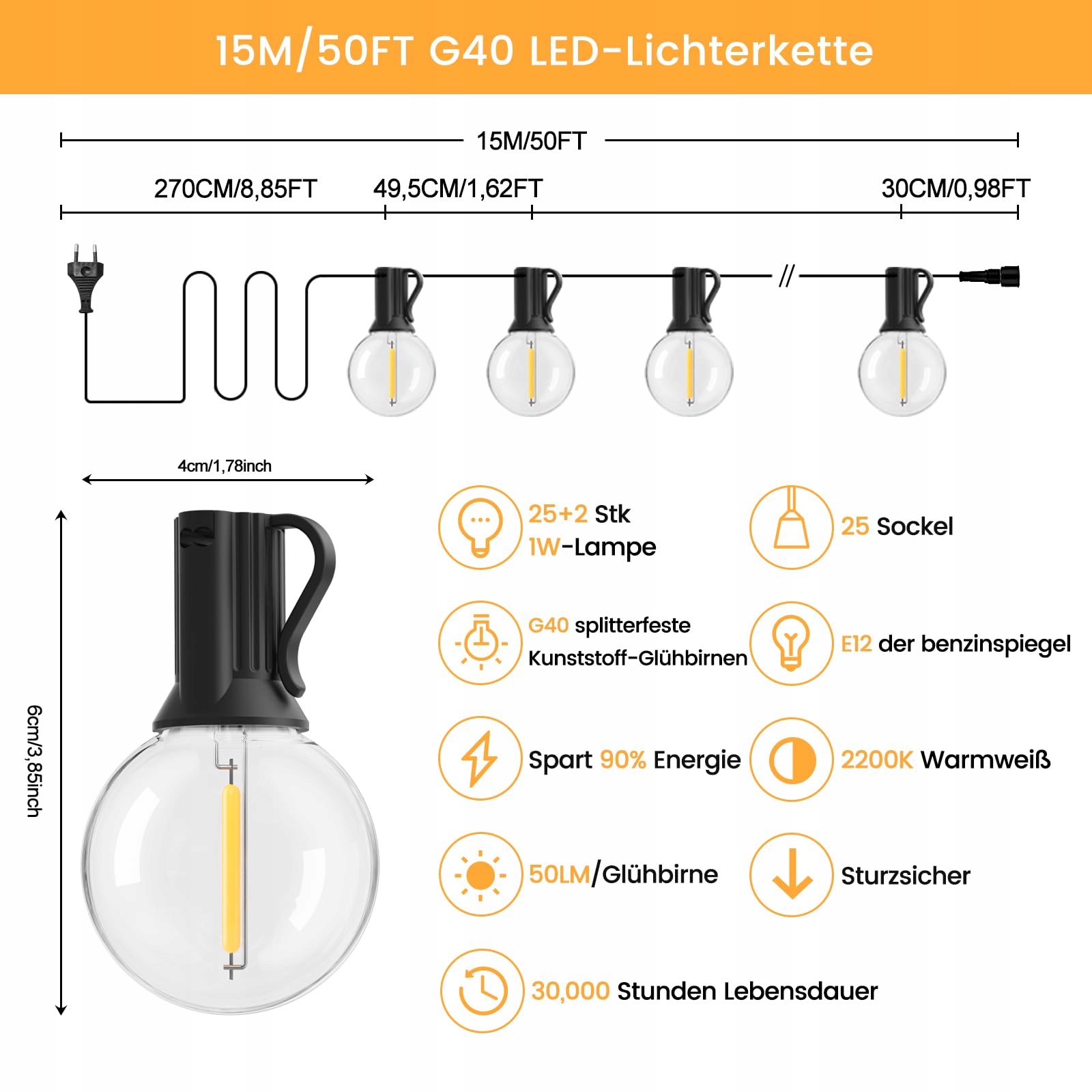 POGESTRAND Lampa Zewnętrzna LED 15M 25 Żarówek Odpornych na Stłuczenia — miniatura 2
