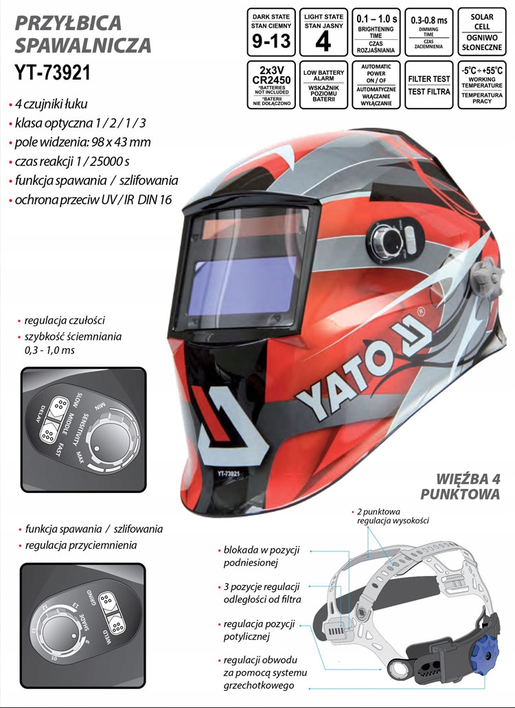 YATO MASKA PRZYŁBICA SPAWALNICZA SAMOŚCIEMNIAJĄCA Waga produktu z opakowaniem jednostkowym 1 kg