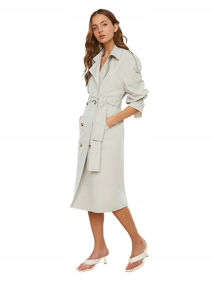 Trendyol Trenčkotový Kabát Ke Kolenům Šedý S Páskem 34 5_B