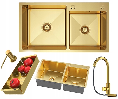 Oceľový drez 2-komorový zlatý 78x45 cm Sada dávkovača batéria sifón