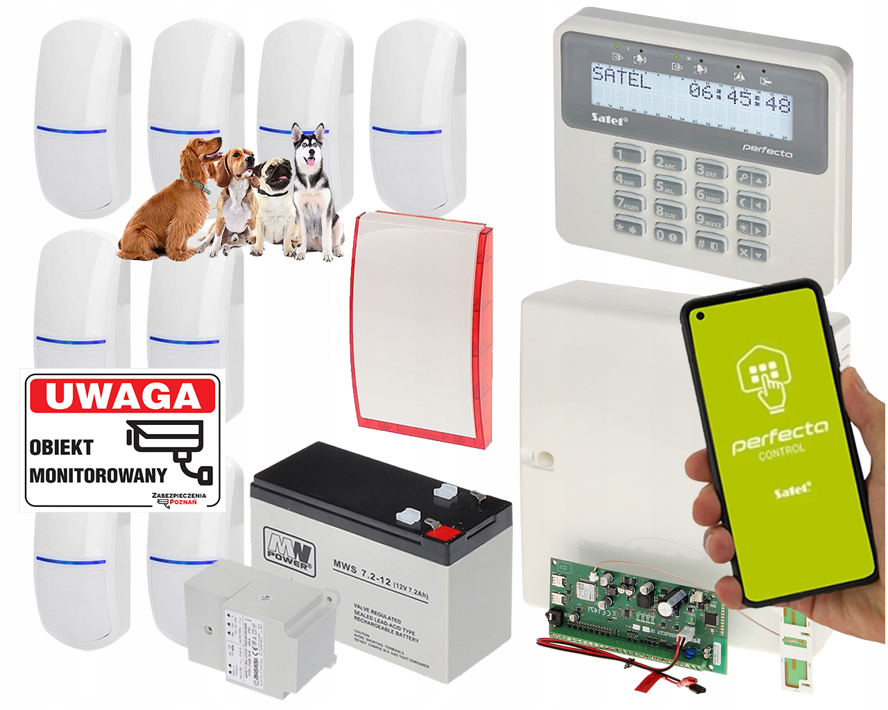 System Alarmowy Satel Perfecta 8 czujek Pet moduł Gsm Sms Apka Android Ios