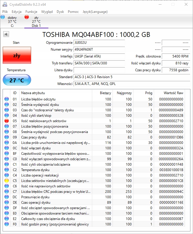 DYSK TWARDY HDD TOSHIBA 1TB 2,5" MQ04ABF100 H845 Producent Toshiba
