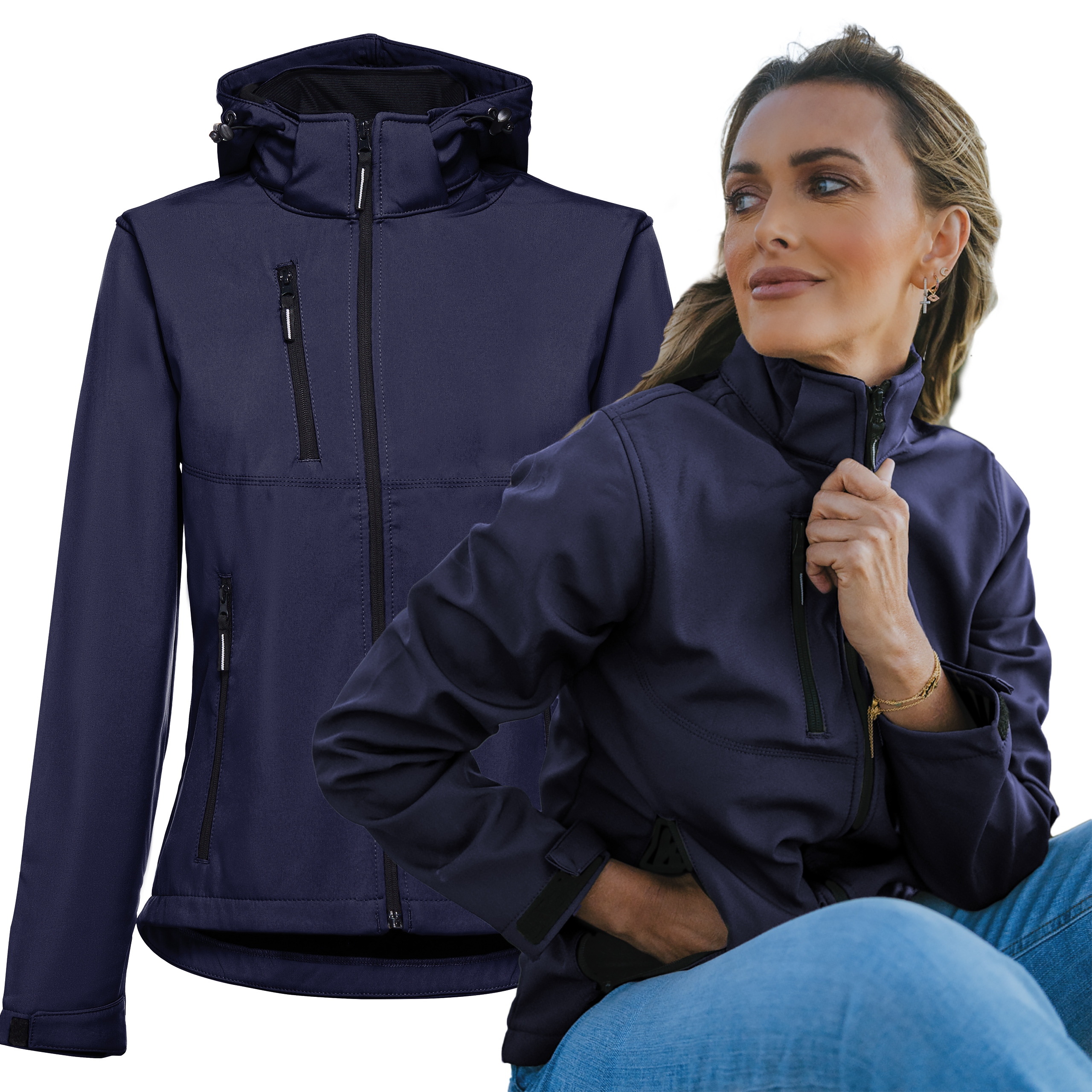 Dámská nepromokavá bunda Softshell s fleecovou kapuce, modrá, velikost XXL
