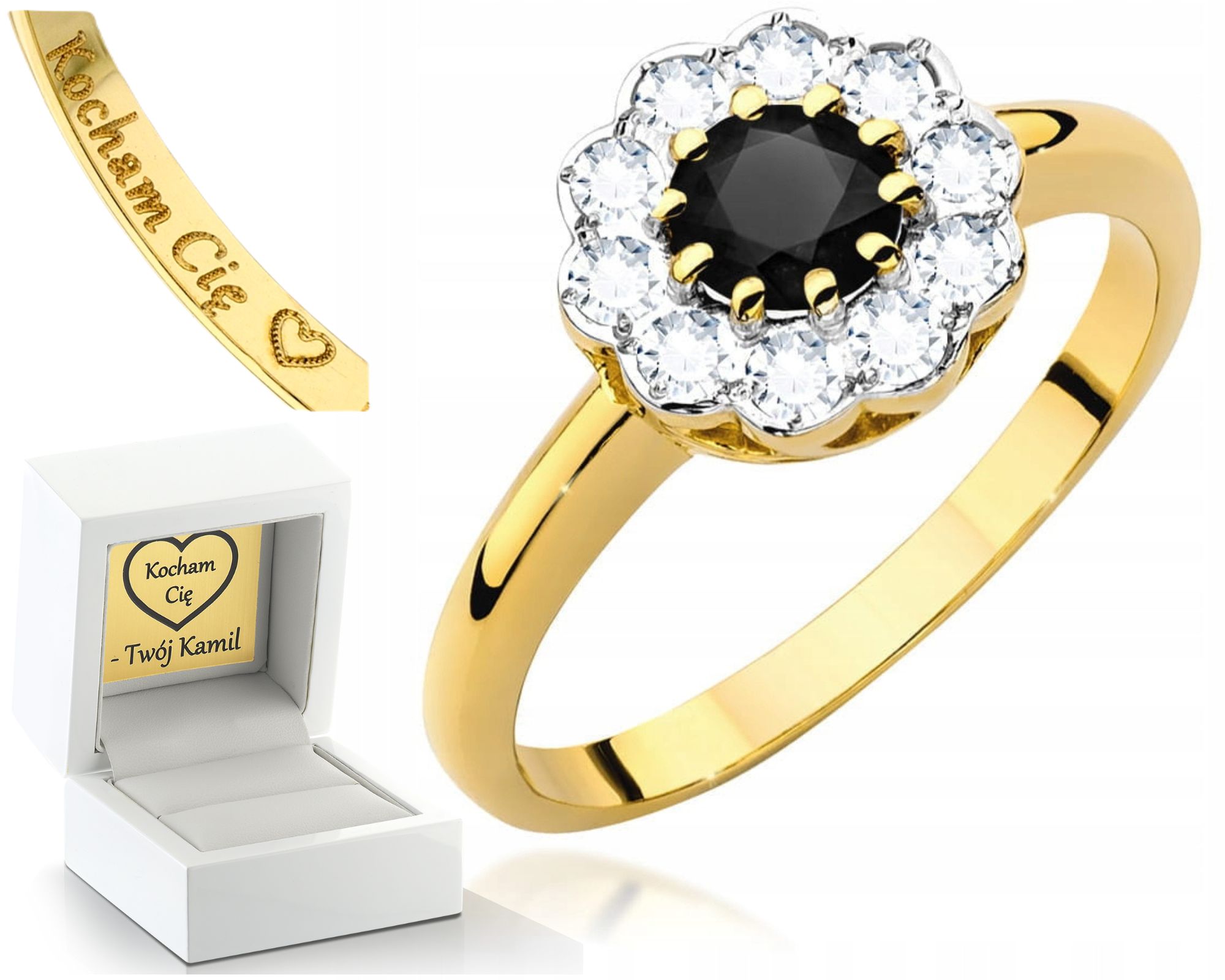 Žluté Zlato Prstýnek Černý Briliant Diamanty Gravírování 585 Bonus Dárek