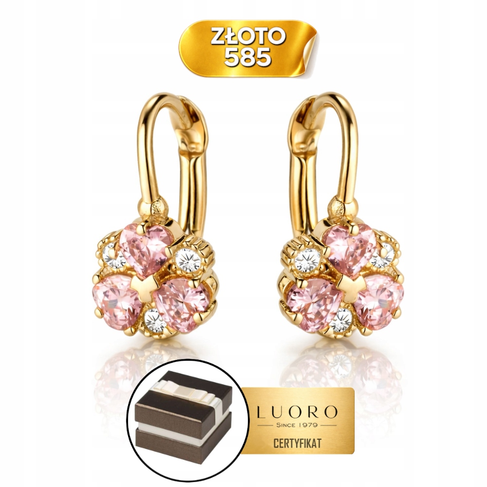 Náušnice Zlaté 585 14K Květina Růžové A Bílé Anglické Vločky Zapínání 13