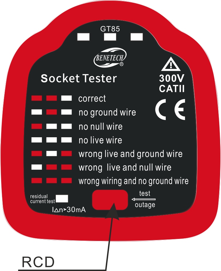 TESTER GNIAZD SIECIOWYCH PRÓBNIK 230V DETEKTOR FUNKCJA RCD LED 30 mA Rodzaj próbnik