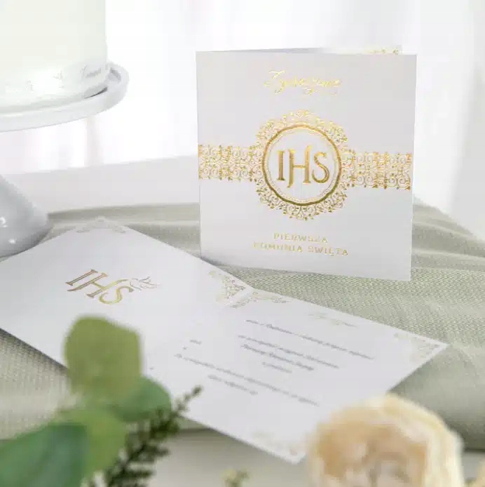 Zaproszenie komunijne IHS BIAŁO-ZŁOTE 10 szt. PIERWSZA KOMUNIA ŚWIĘTA Wysokość produktu 14 cm