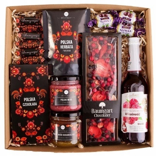 Duży Kosz Prezentowy Box Syrop Miody Herbata Słodycze zestaw folk