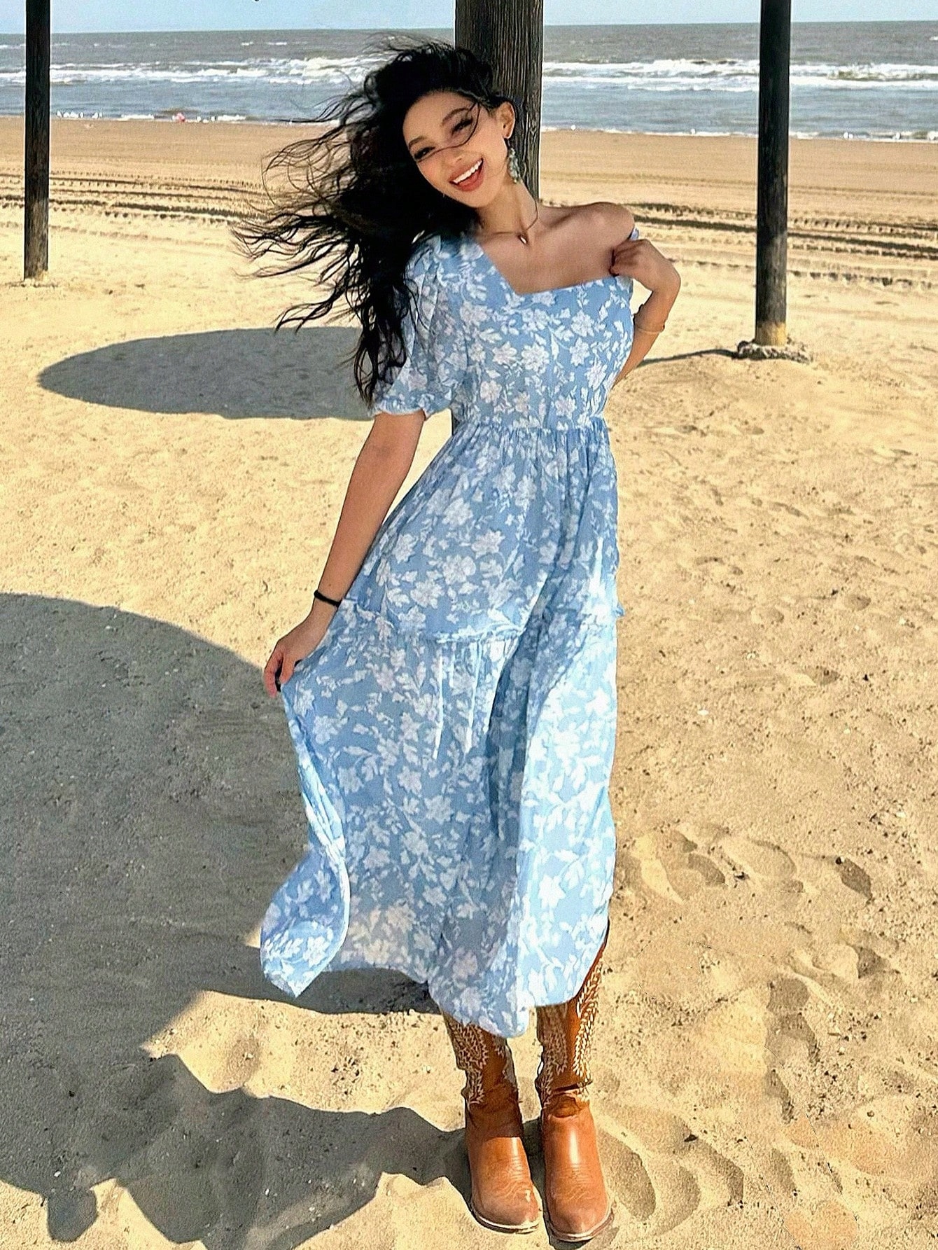 Šaty MIDI Letní Šifonová Boho S Květy Casual Dazy Xs 34