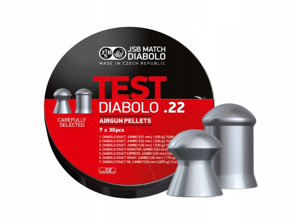 Śrut 5,50 mm Jsb Exact Test Lg .22 210 szt. tester śrutów mix 7 x 30 szt.