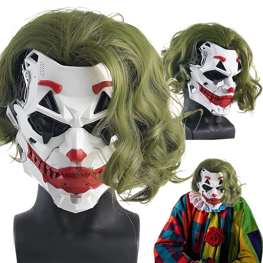 Cyberpunk klaunská maska se zelenou parukou, cosplay na Halloween, celoobličejová, 26 cm, na maškarní ples