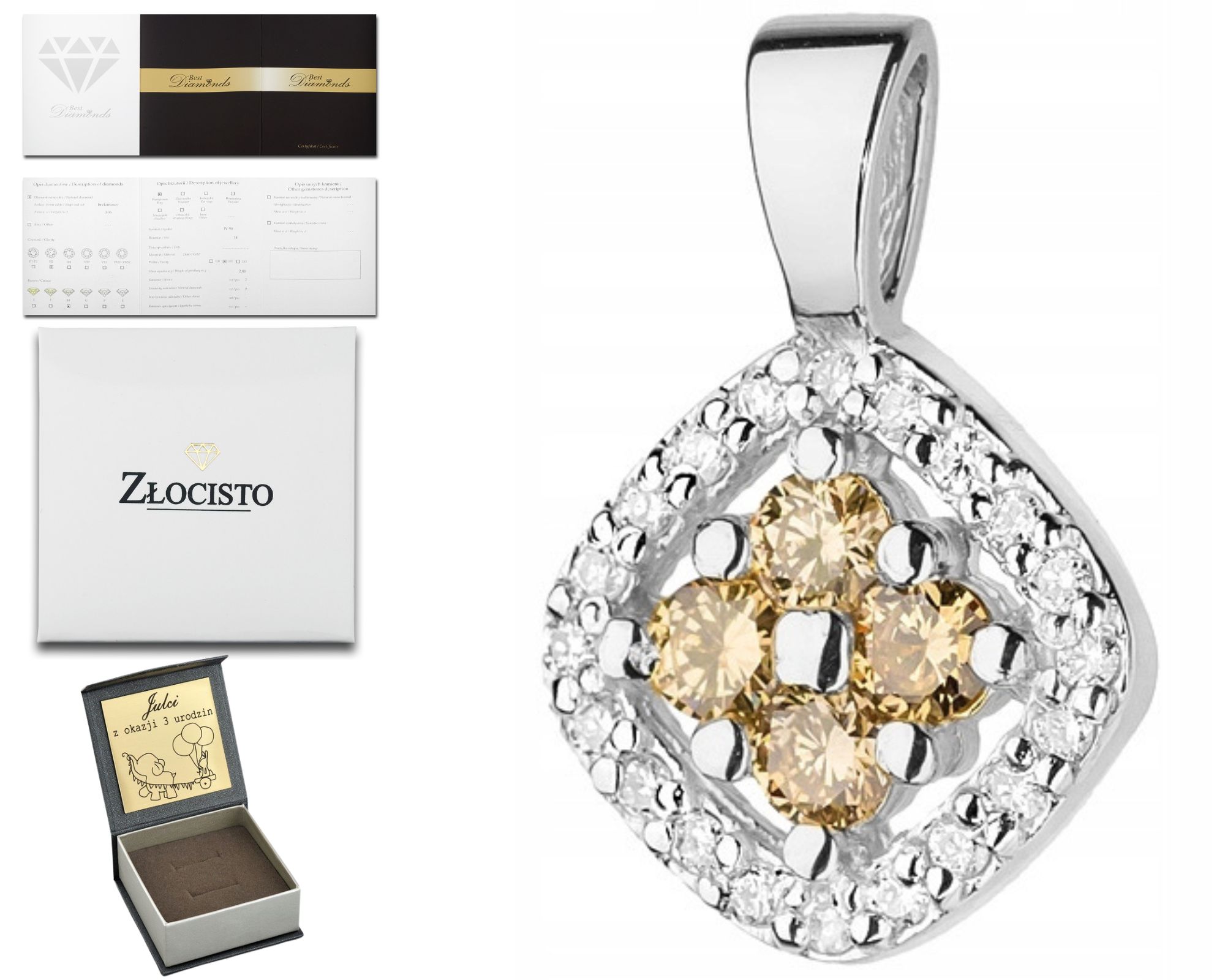 Zlatý Přívěsek S Bronzovými Brilianty, Bílé Zlato
