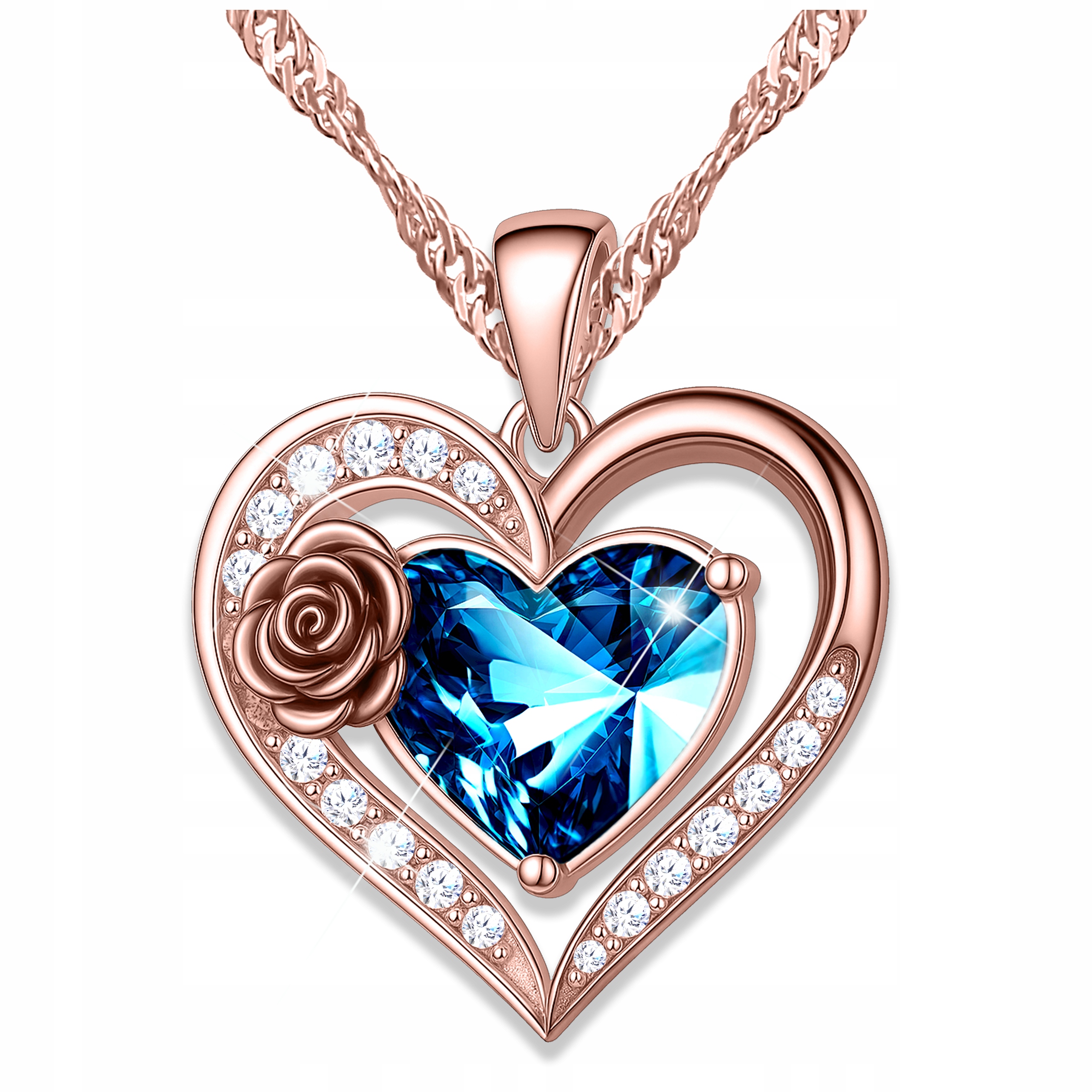 Pozlacený náhrdelník Růže s modrým srdcem, srdce se zirkony Stříbro 925