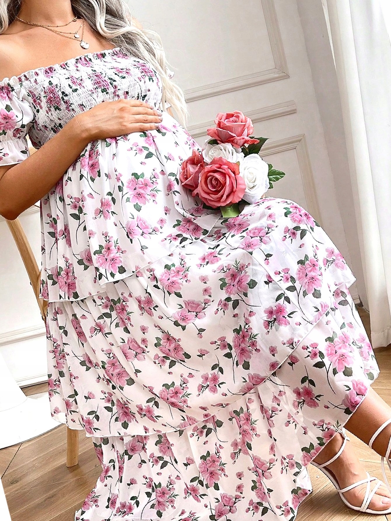 Šaty s květinami Elastický večerní výstřih Šifonová těhotenská XL