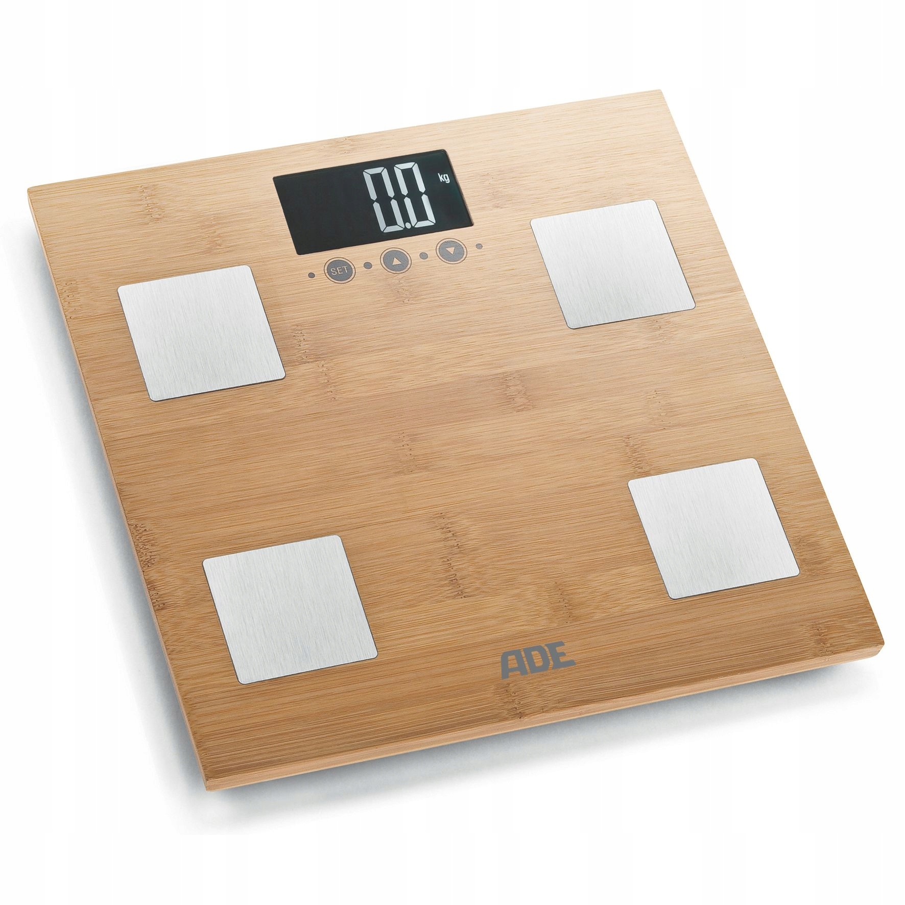 bambusowa waga łazienkowa z analizą masy ciała, do 150 kg, 30 x 30 cm