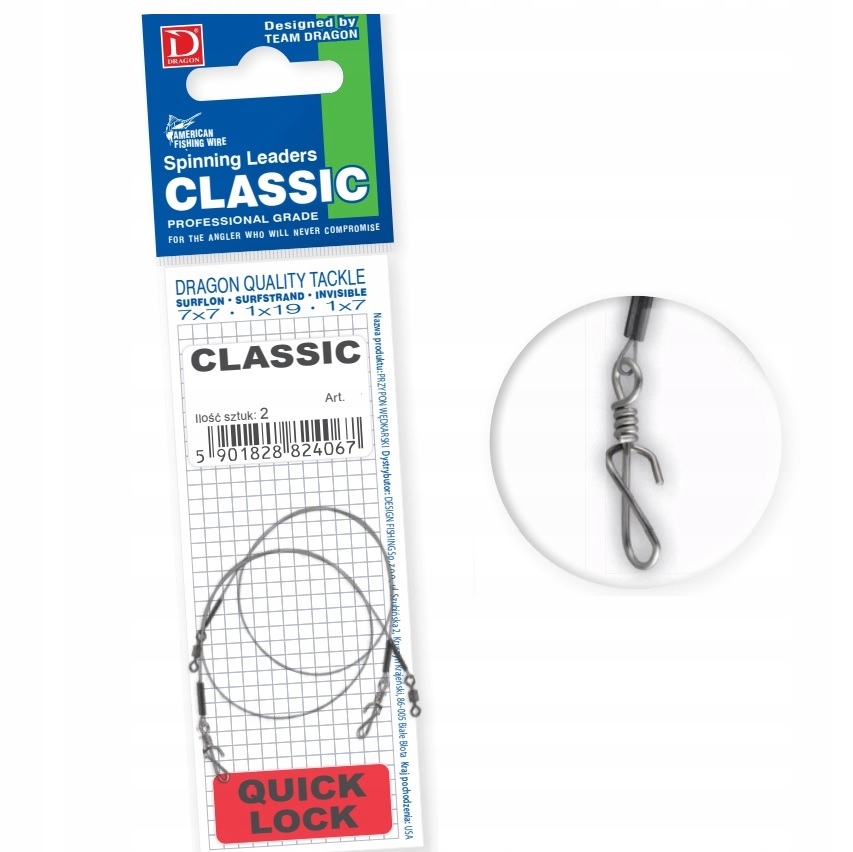 Przypon Dragon Quick Lock 1X7 Surflon 13KG Classic 40CM 2SZT/OPAK