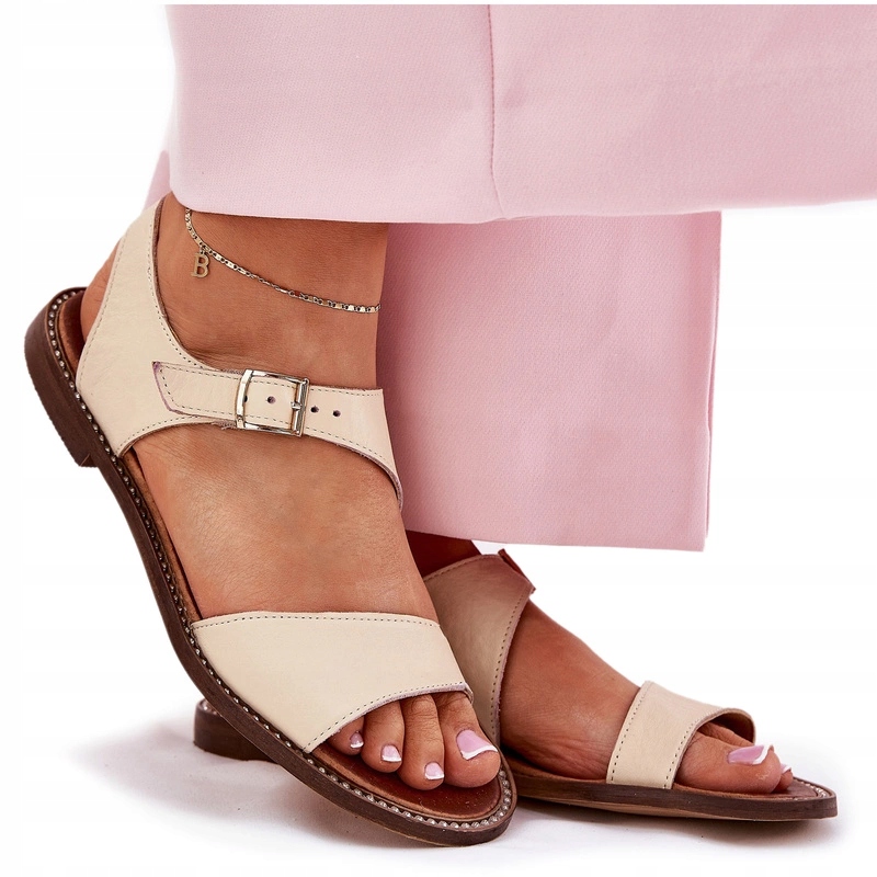 Sandály Přírodní Kůže Plochý Podpatek Zirkony Zazoo 3014 Béžová 36