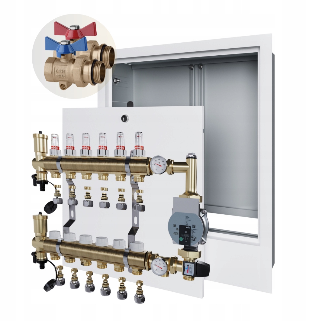 Rozdělovač podlahového vytápění 6 Skříňka pod omítku+WILO+PEX+KULOVÝ Ventil