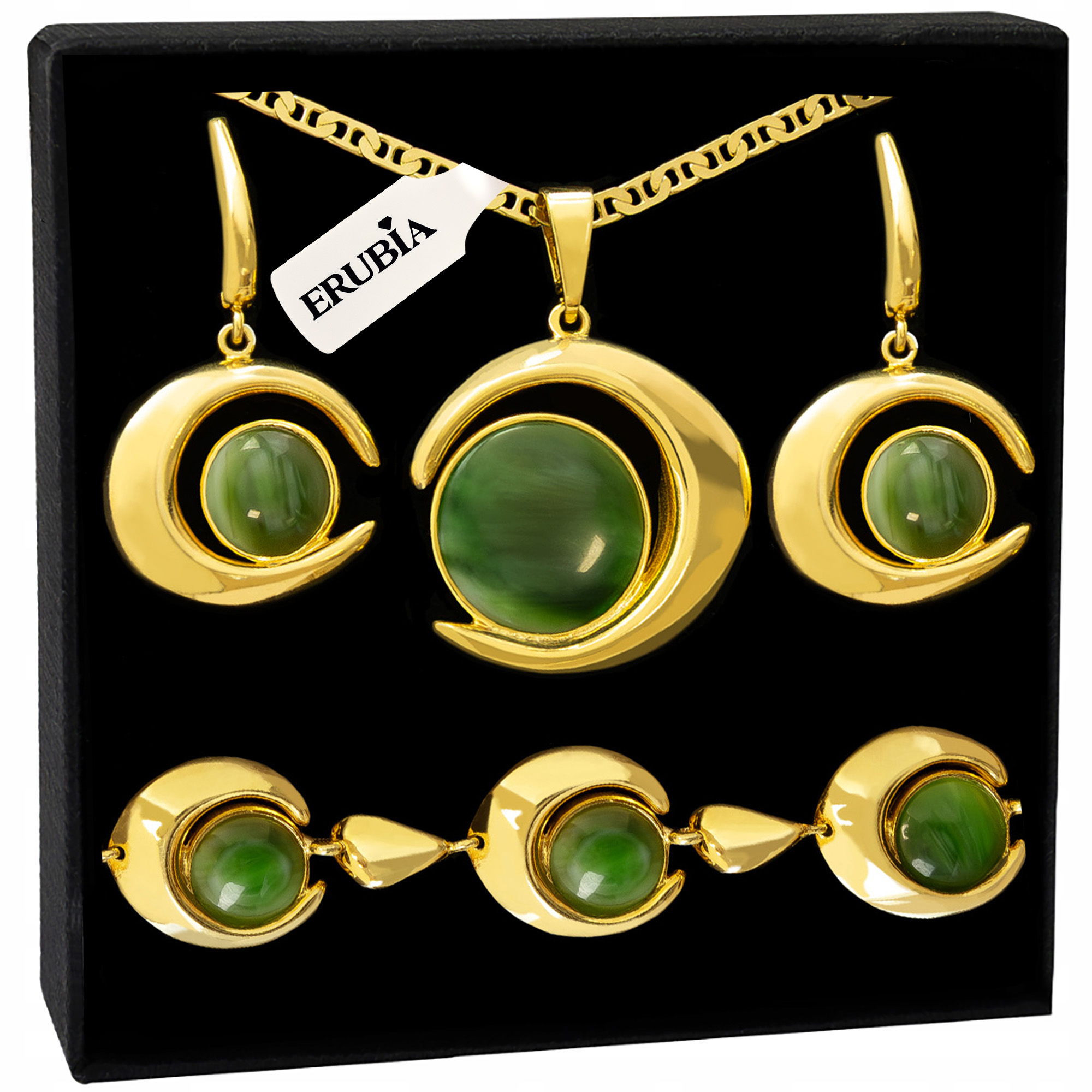 Zlatý Komplet Šperků Dlouhý Řetízek Přívěsek 14K Achát Náramek 60 CM