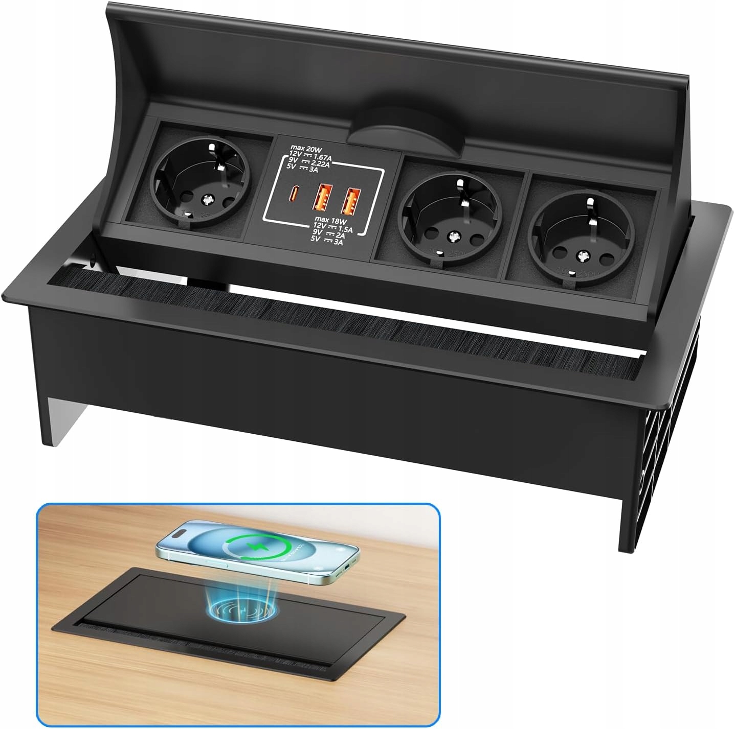 Ohuo zapustená predlžovacia zásuvka s Usb C, 2 x Usb A a indukčnou nabíjačkou