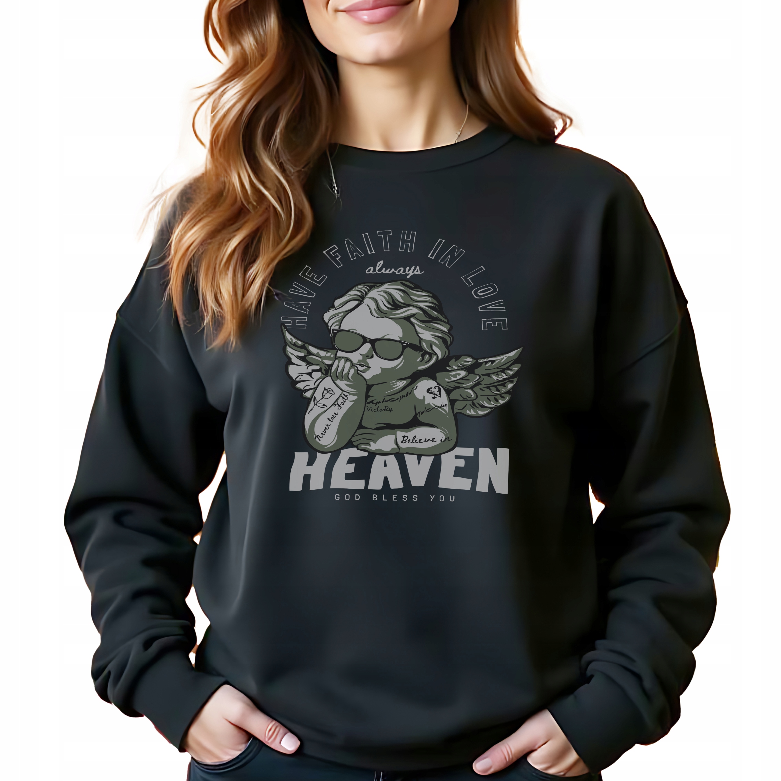 Černá bavlněná Mikina Have Faith In Love Stylová Bez Kapuce Dárek S