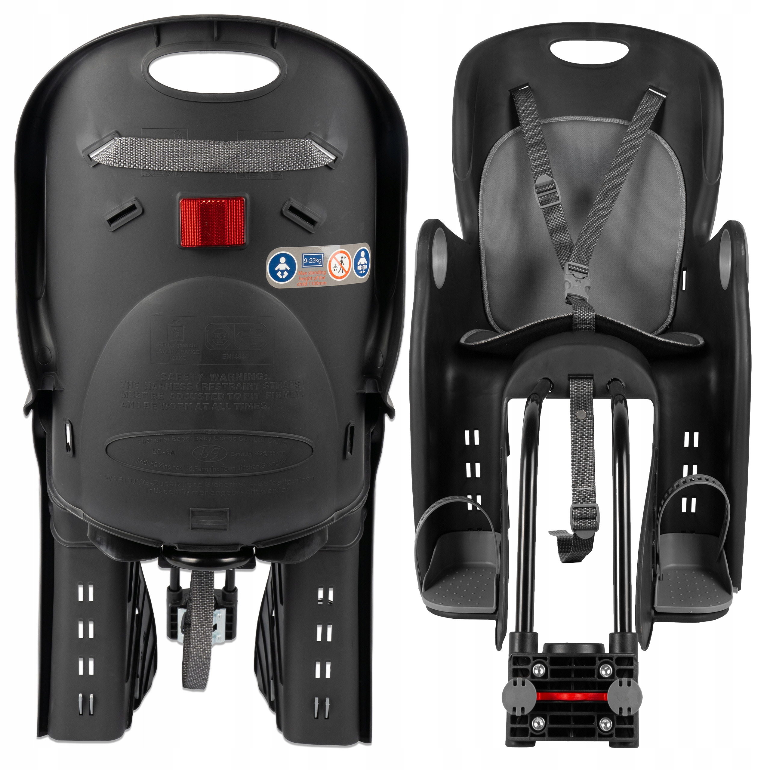 Zadní Cyklistická Sedačka Pro Dítě na rám pro děti 22 kg Pásy Reflexní 9m+