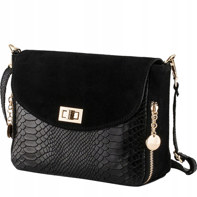 Torebka skórzana listonoszka z zamszową klapką wężowa skóra czarna