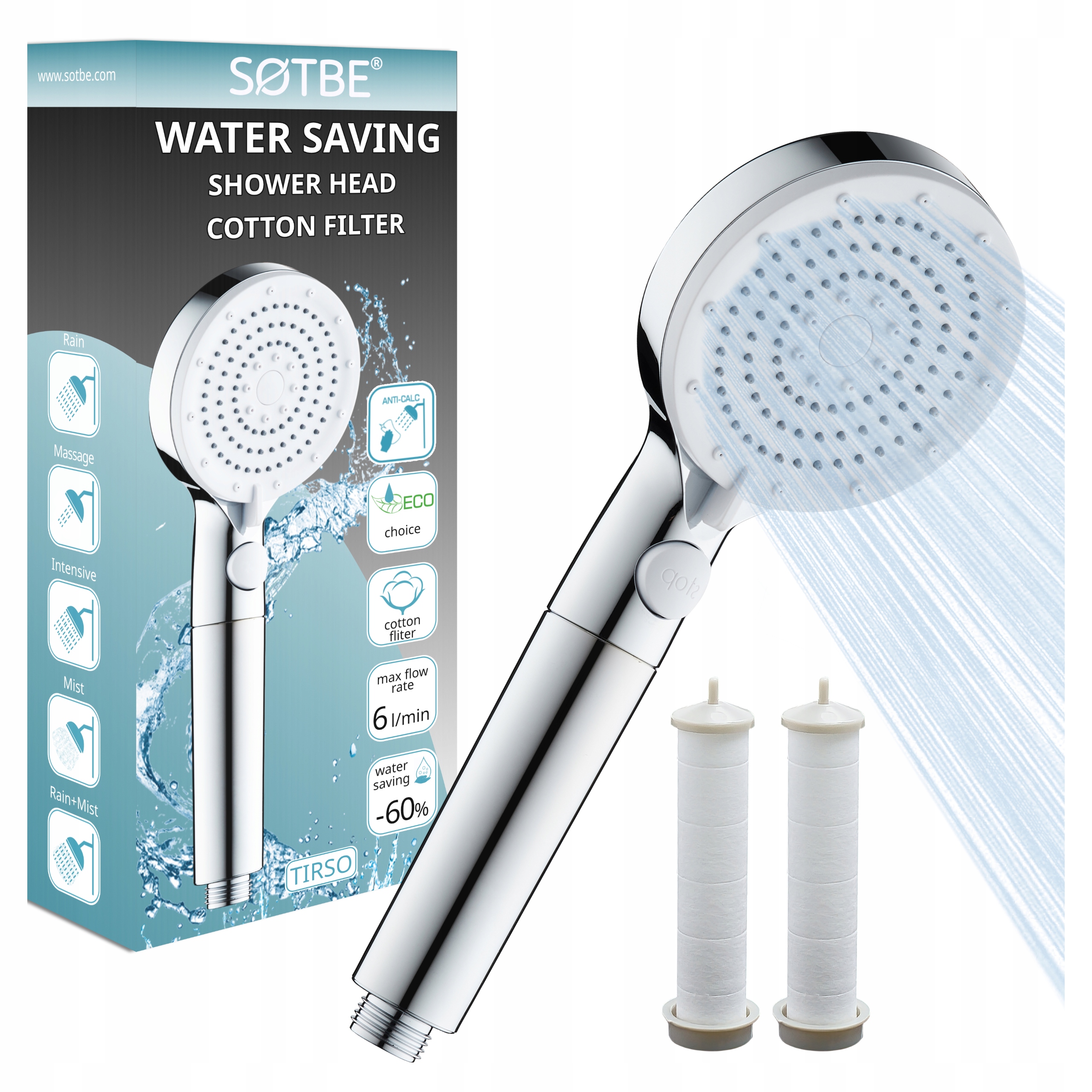 Filtrační sprchová hlavice s Eco filtrem, úsporná a čistá voda Sotbe