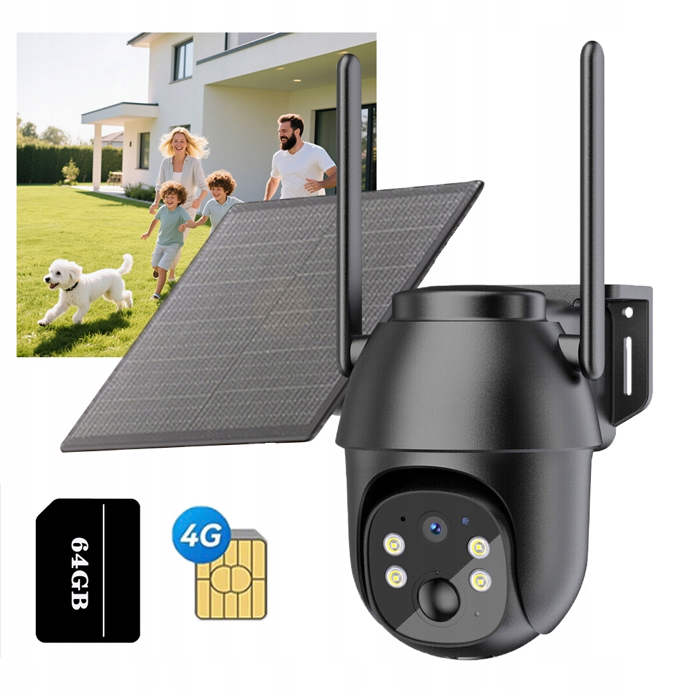 Kamera Solarna Zewnętrzna Obrotowa Na Kartę Sim Gsm 3G 4G Lte Sim 2K 3MP Sd