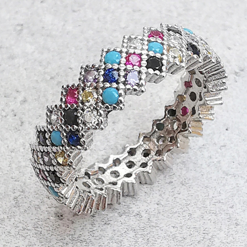 3-řadý prstýnek prsten s barevnými zirkony