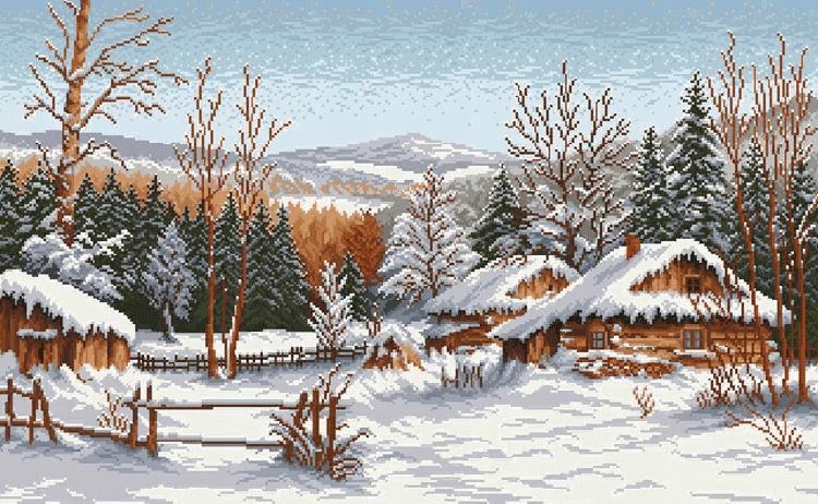 Křížková výšivka Kanva s potiskem Chaty v zimě