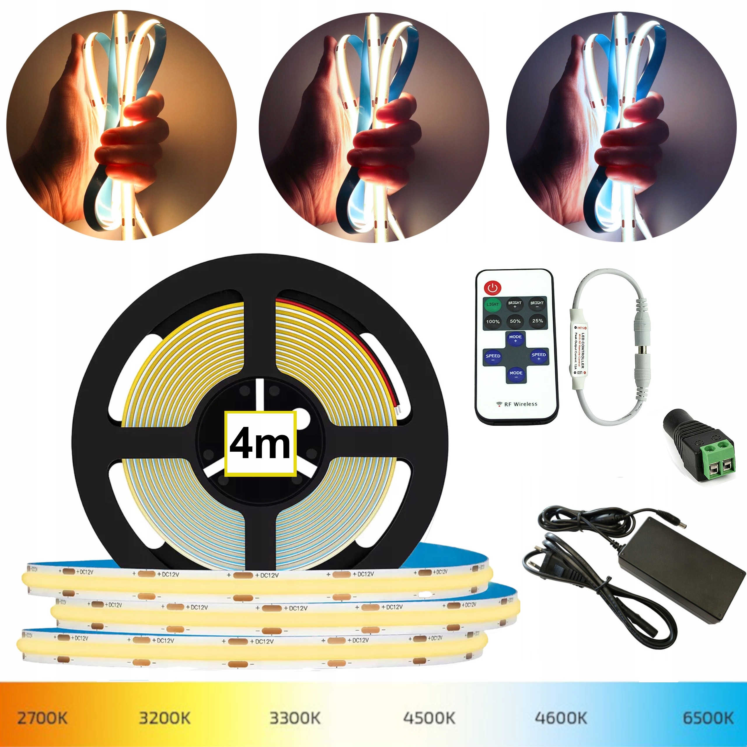 ZESTAW TAŚMA LED COB 4m BEZPUNKTOWA + STEROWNIK Z PILOTEM + ZASILACZ