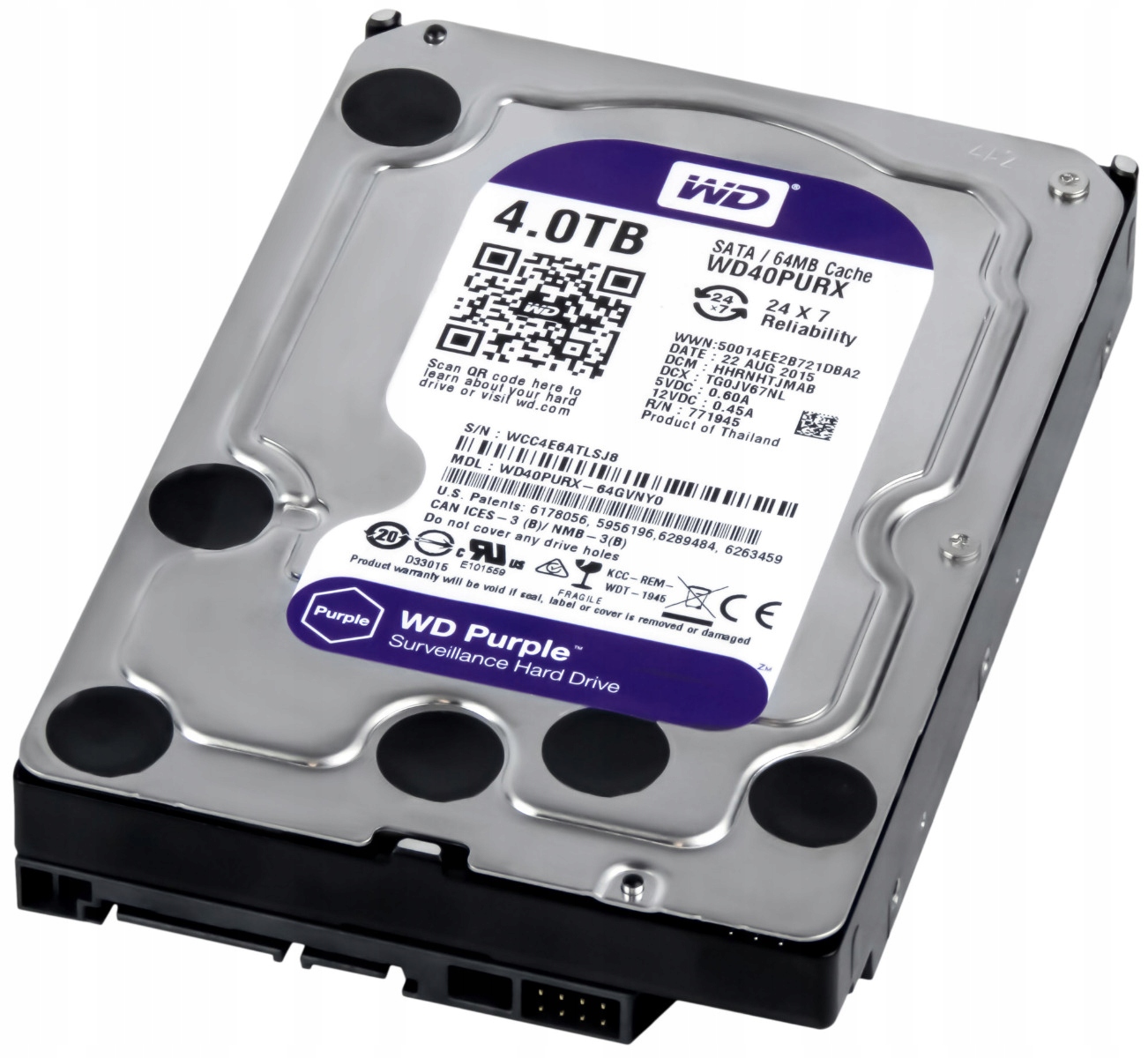 Hard Drive WD Purple WD40PURX 4TB 5.4K 64MB SATA III 3.5 Hard Drive WD Purple WD40PURX 4TB 5.4K 64MB SATA III 3.5