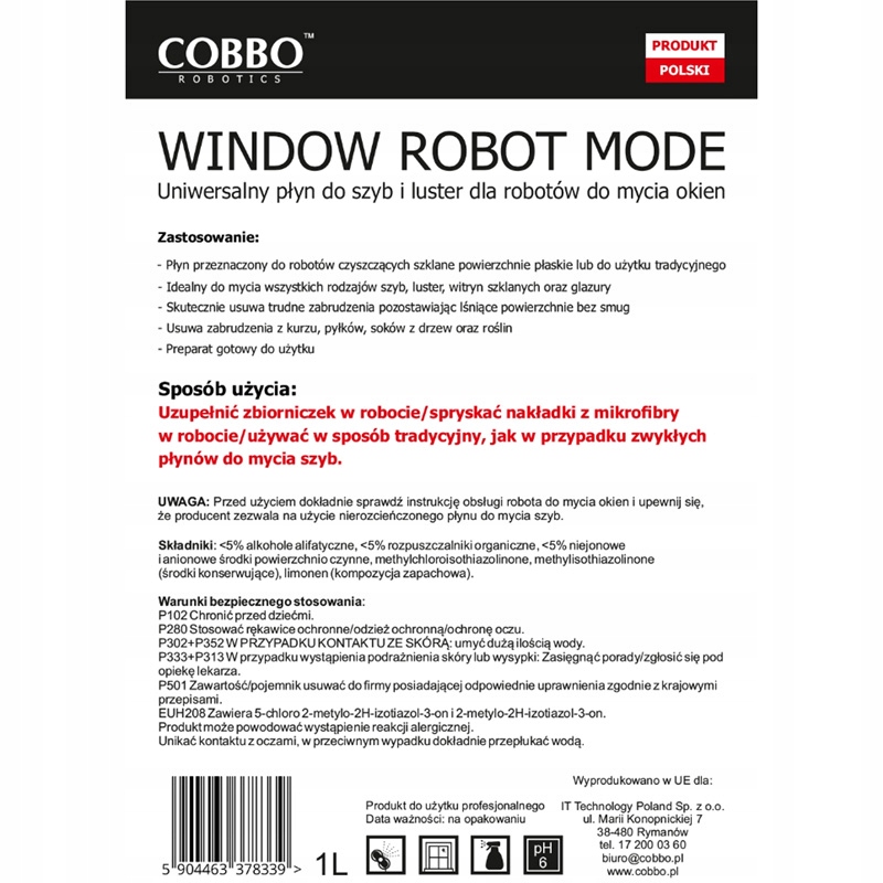 PŁYN DO ROBOTÓW DO MYCIA OKIEN 1L - COBBO Robotics EAN (GTIN) 5904463378339
