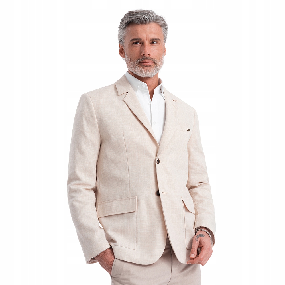 Pánské sako Regular střihu s lnem, krémové V1 OM-BLZB-0128 XL