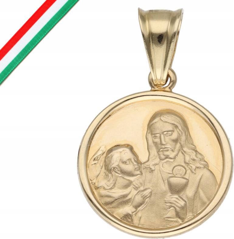 Zlatý kulatý medailonek 585 Křest svatého Ježíše Krista Svaté Přijímání přívěsek 14k
