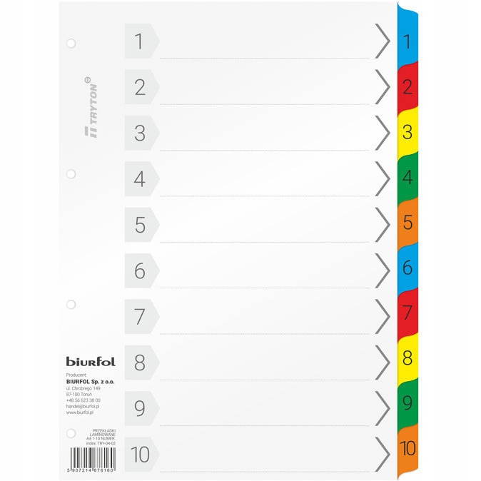 PRZEKŁADKI NUMERYCZNE DO SEGREGATORA A4 laminowane 1-10 BIURFOL