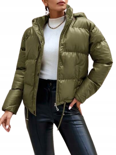 Shein Dámská Péřová Bunda S Kapucí Zelená Se Zipem M 1DB